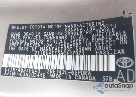 2010 Toyota Corolla Le из США, поврежденный, VIN 2T1BU4EE5AC417971